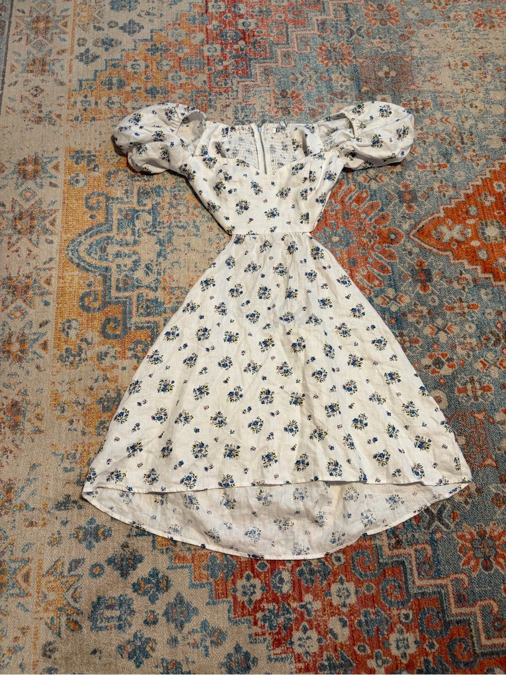 Reformation Emilia white floral linen open back puff sleeve dress